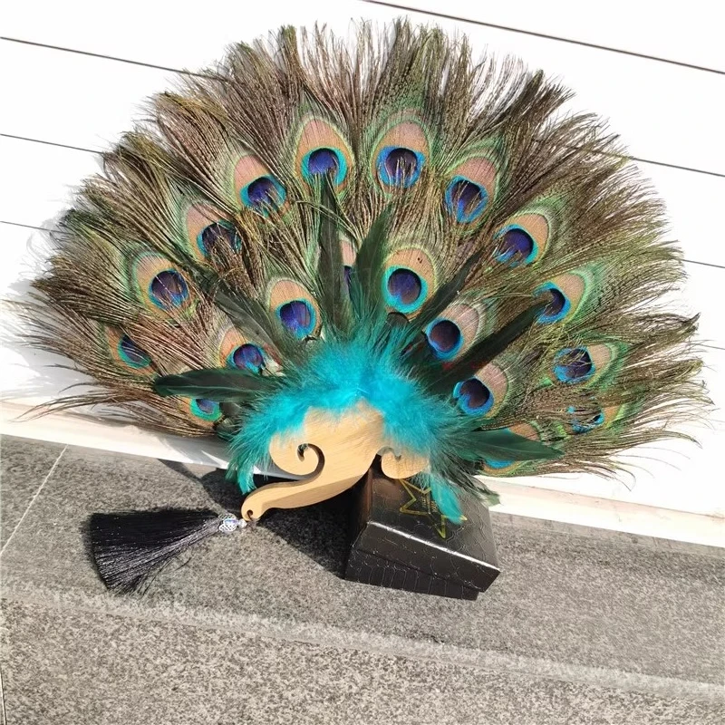 Custom Peacock Feather Round Fan Handmade Chinese Wedding Fan Stage Performance Fan Film Prop