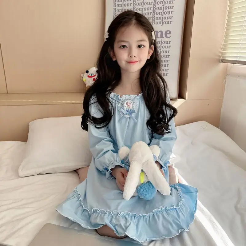 

2026 Disney New Elsa Pure Cotton Cartoon Nightgown Kawaii Girl Long Sleeves Fashion Leisure Home Comfortable Soft Lounge Clothes