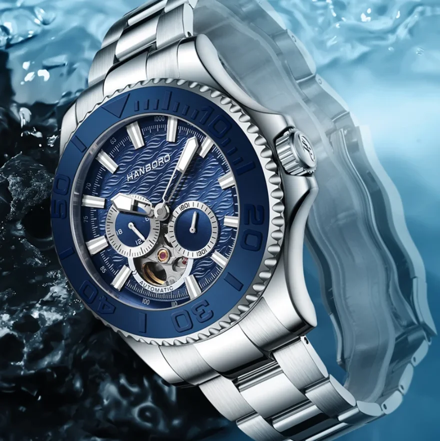 

Мужские автоматические часы HANBORO, 43 мм, механические наручные часы, водонепроницаемые до 50 м, светящийся скелетонизированный керамический безель, Miyota82S7