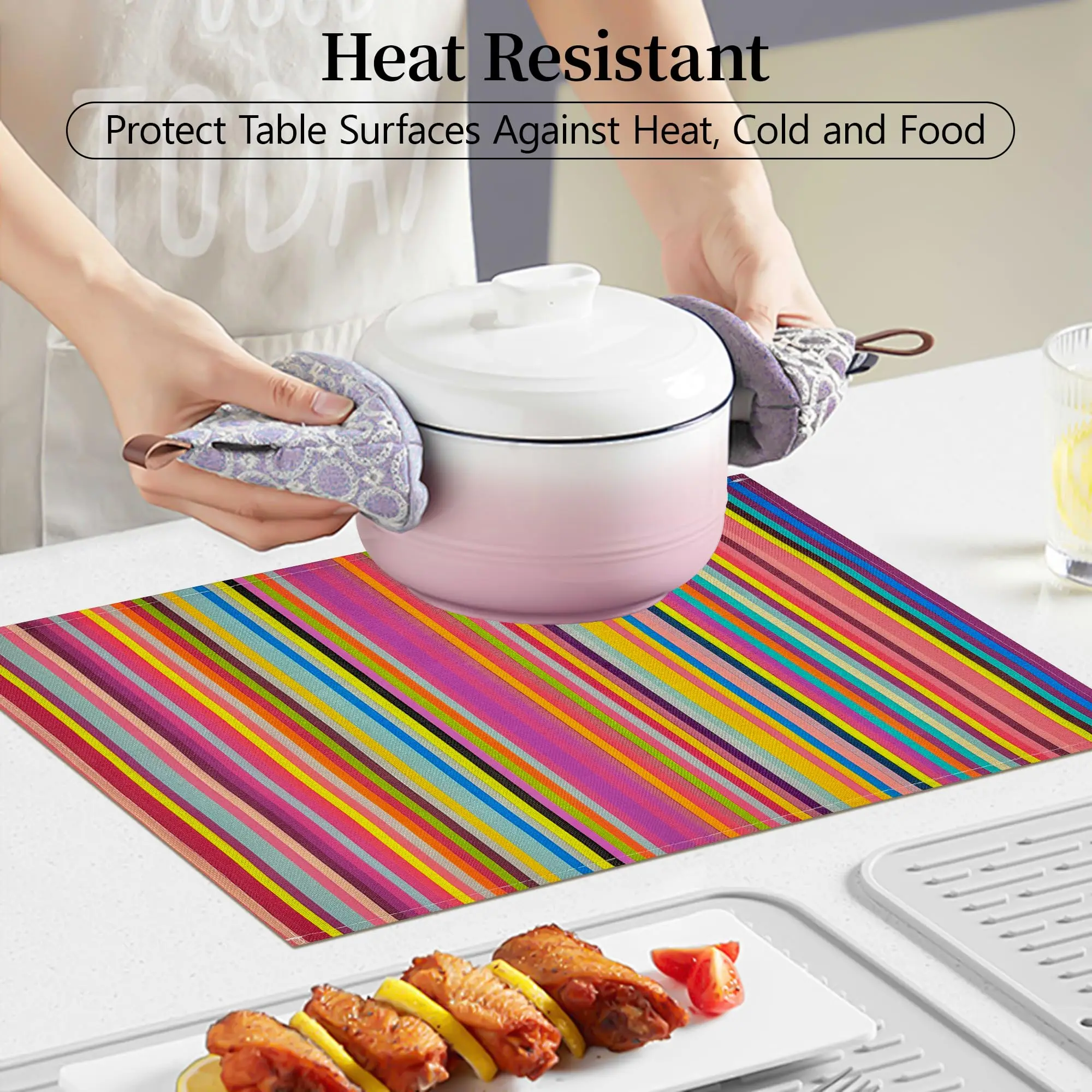 Mexican Placemats,Linen Woven Rainbow Place Mats for Kitchen Table Indoor/Outdoor,12