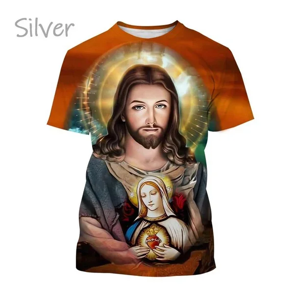 Christian God Jesus Fashionable 3D Printing T-Shirt Casual Round Neck Short Sleeve Mother of God Virgin Mary T-Shirt