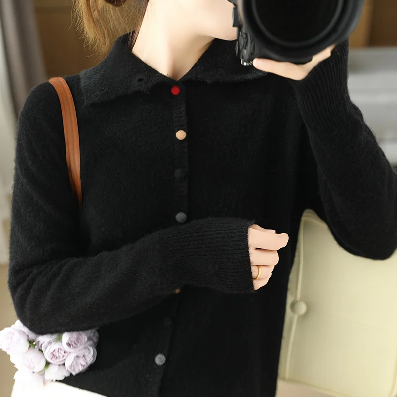 Cárdigan de lana de 100% para mujer, Jersey de punto con solapa, suéter holgado de una sola botonadura, abrigo con botones coloridos, Tops, blusa informal