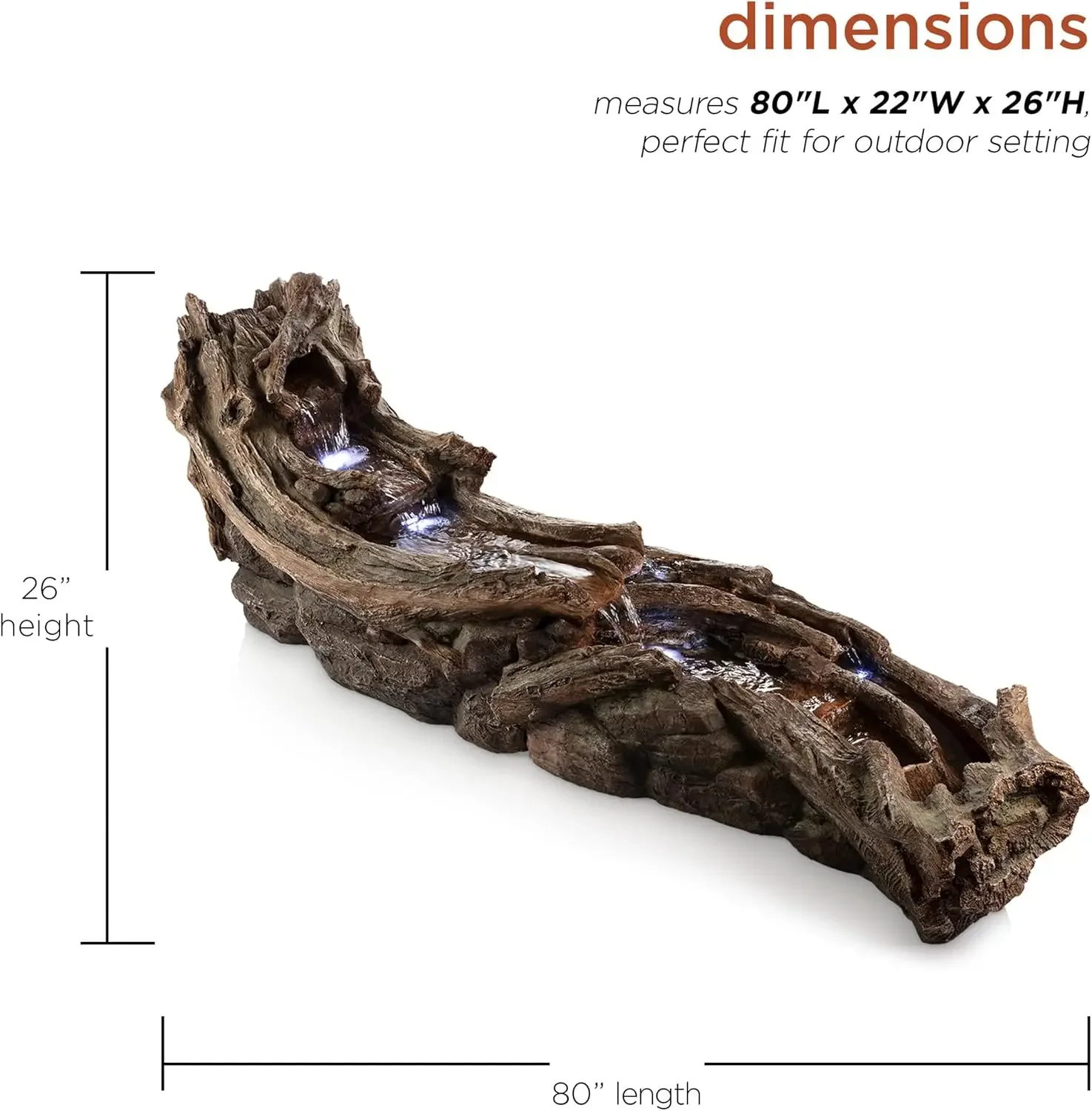 Fuente de troncos de río de madera para interiores/exteriores de 80" de largo con luces LED