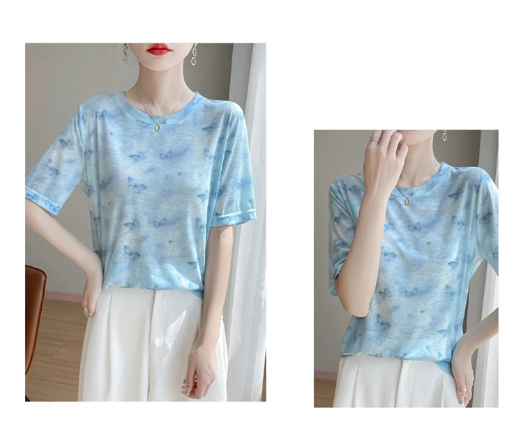 Summer New Women's Round Neck Printed Knitted Short-Sleeved Thin T-shirt Loose Bottoming Shirt