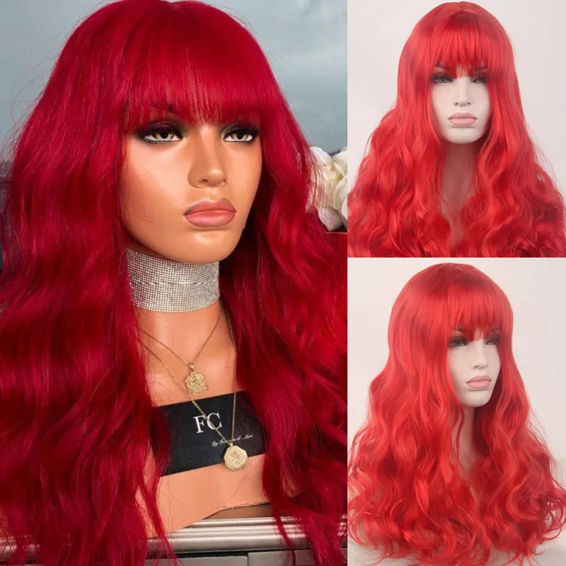 

Red big wavy bangs wigs head covers long curls chemical fibers high temperature silk