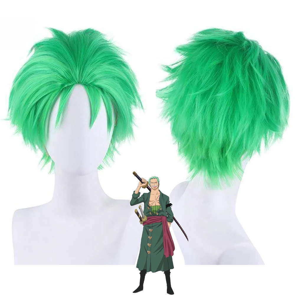 شريحة خضراء مقاس 10 بوصة من شعر الرسوم المتحركة Ronoya Zoro Cosplay الاصطناعي مناسبة لشعر مستعار لعب الأدوار اليومي في الهالوين #1