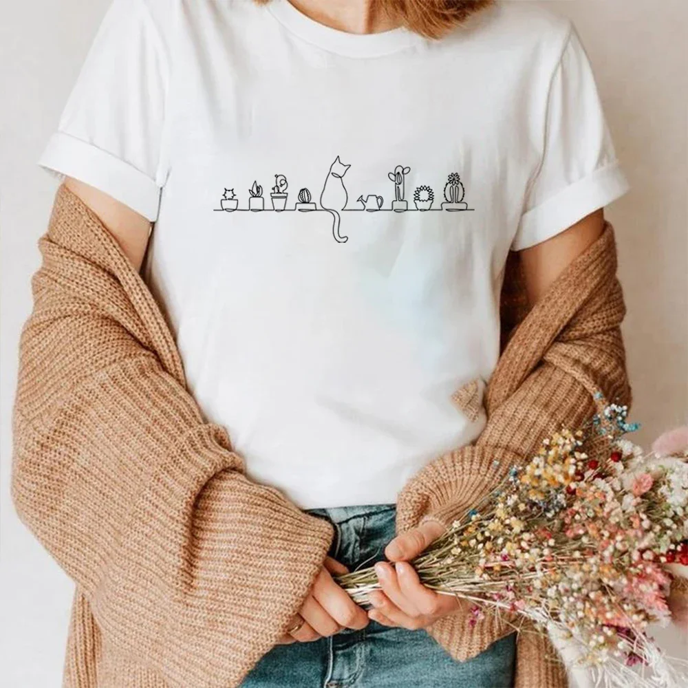 Camiseta con estampado de gatos y plantas, camisa de manga corta para amantes de las plantas, regalo creativo para mamá