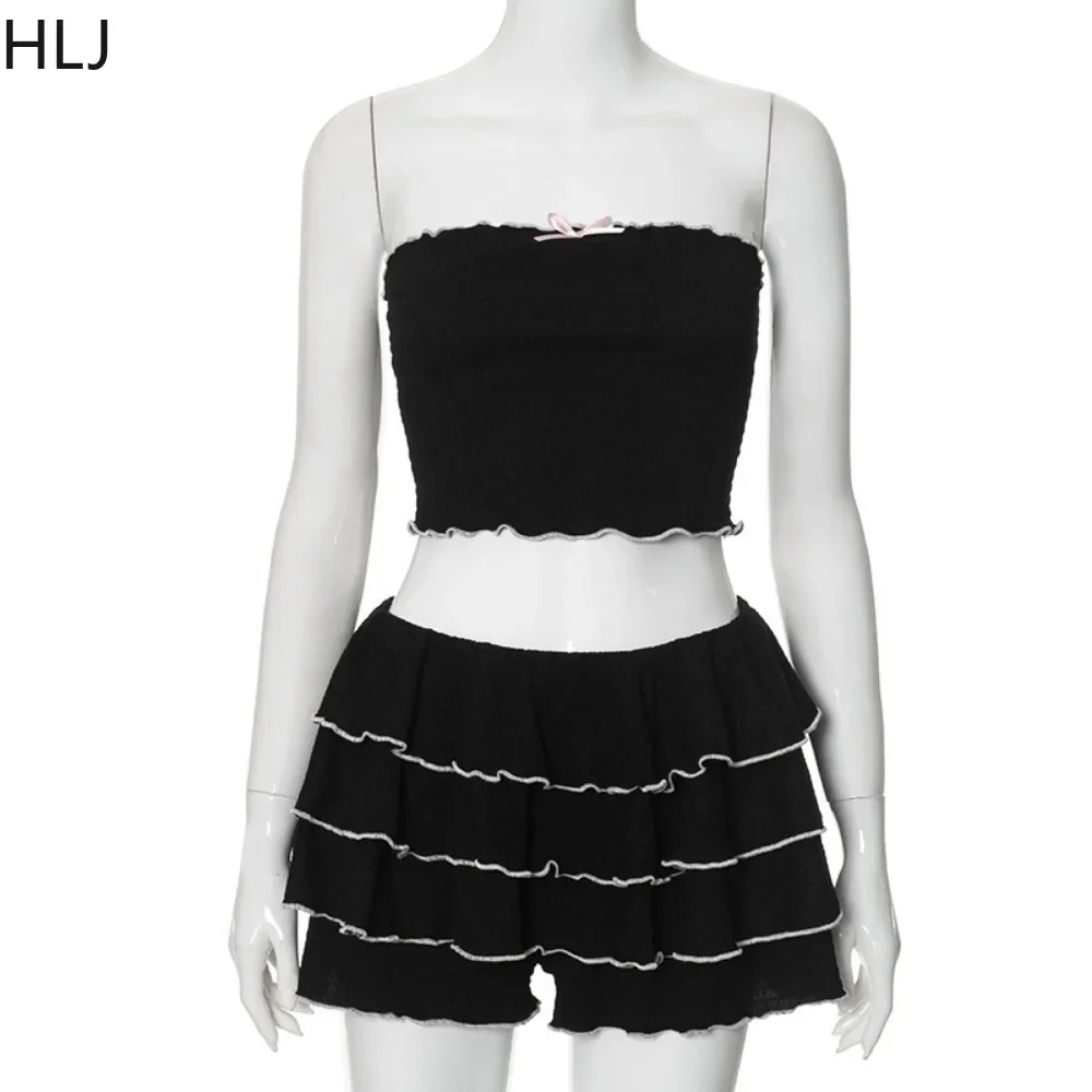 HLJ Y2K Fashion Sweet Ruffles Shorts Two Piece Sets For Women Bow Slim Tube And Stacked Shorts Outfits Sexy Female Streetwear