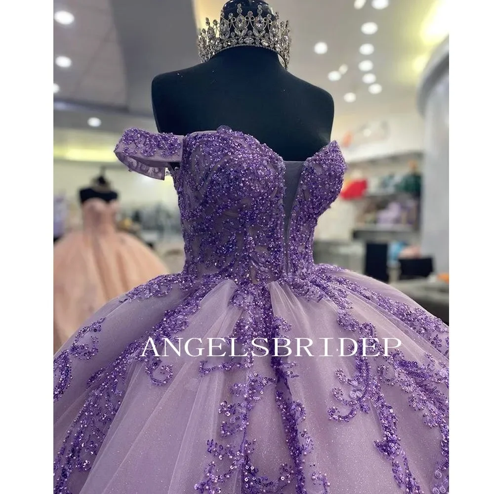 Off Shoulder Pearls Beading Lavender Quinceanera Dresses Ball Gown Appliques Lace Crystal Corset Vestidos De xv