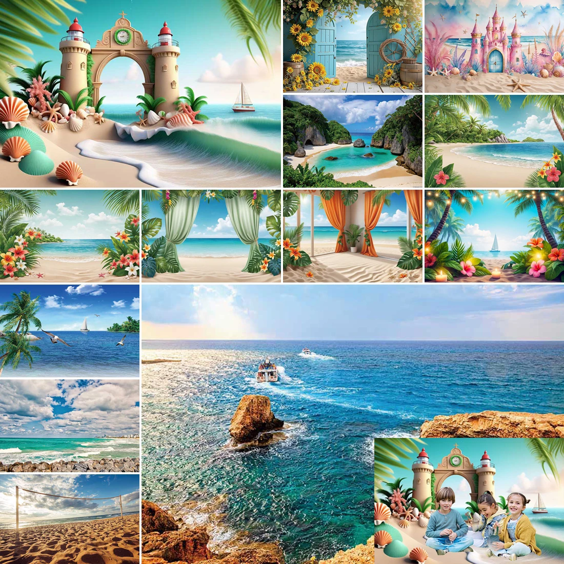 

MOON.QG Tropical Seaside Beach Backdrop Hawaiian Birthday Photo Background Pool Party Ocean Luau Engagement Wedding Backdrop