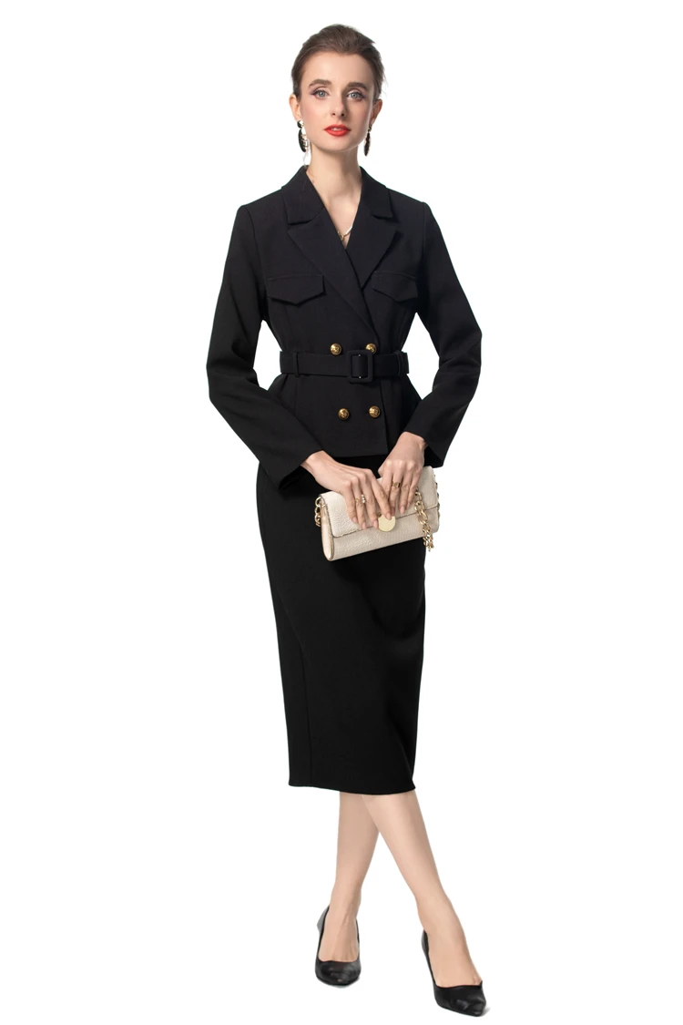 Women's Twinset Noctched Collar long Sleeves Blazers with Pencil Skirt Two Piece Dress Sets