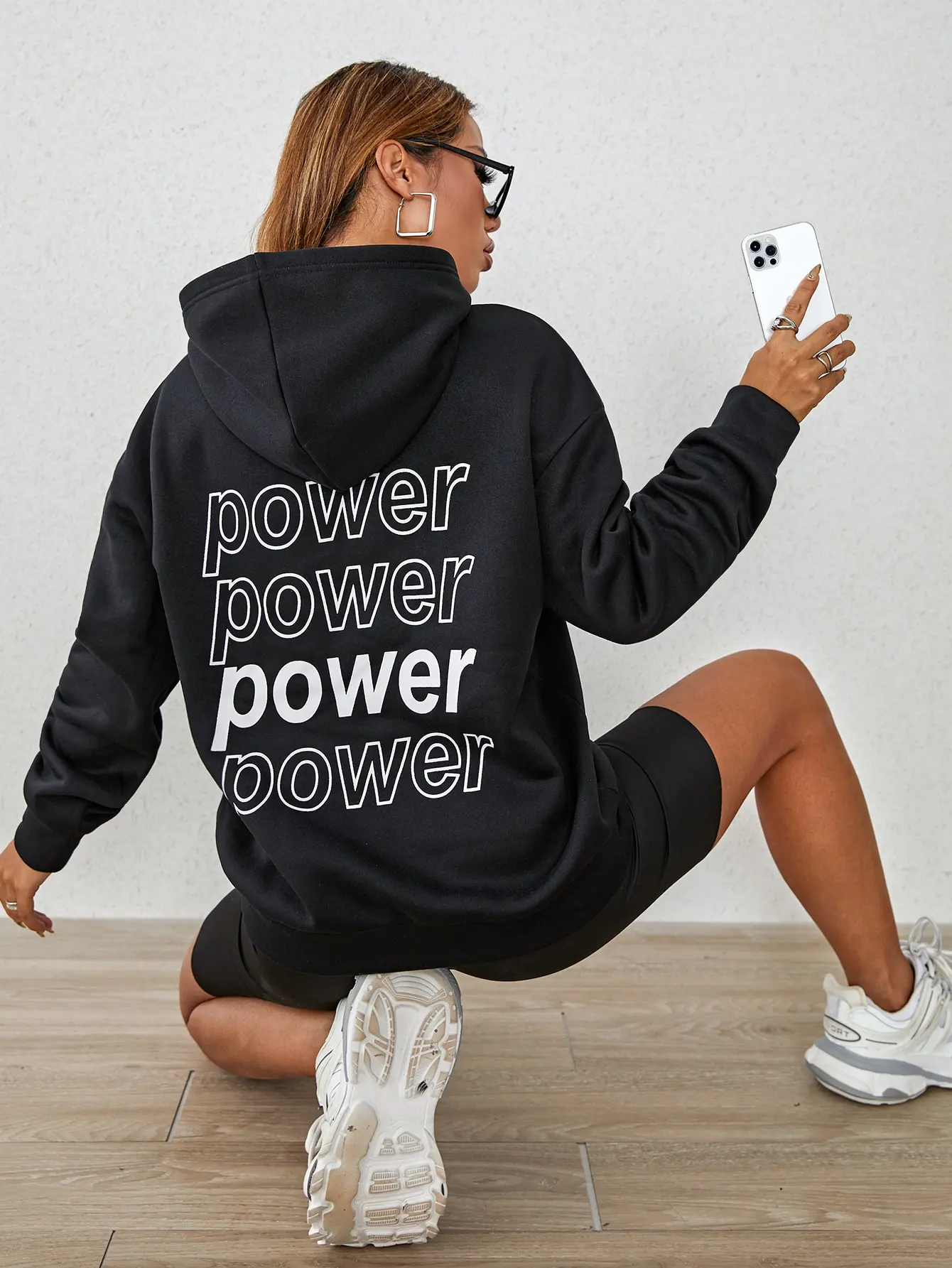 Power Creative Hollow Word Design Female Hoody Autumn Fashion Clothes Simple Fleece Streetwear Comfortable Pocket Pullovers