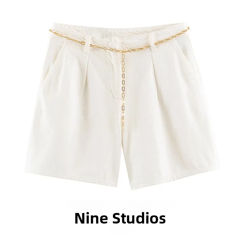 NINE ZAR Women's Denim Shorts  Pants with Chain Waist Belt Straight Leg Cotton Jeans Natural Waist Button Closure