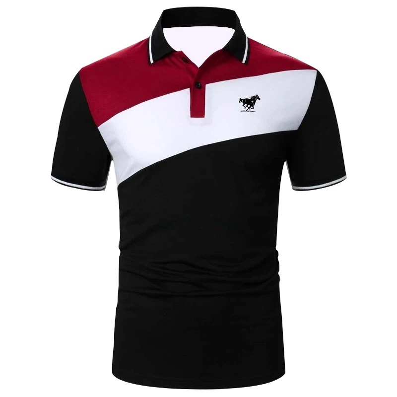 Men Color Block Spliced Polo Shirts Summer Short Sleeve Lapel Collar Casual Daily Tee Tops Without Pockets