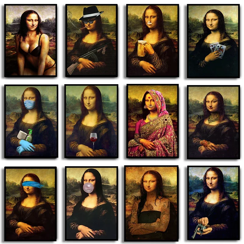 مضحك الموناليزا المشارك الرسم على لوحات القماش الجدارية الملصقات الكلاسيكية النفط اللوحة شخصية مضحك مثيرة للاهتمام صور ديكور المنزل #1