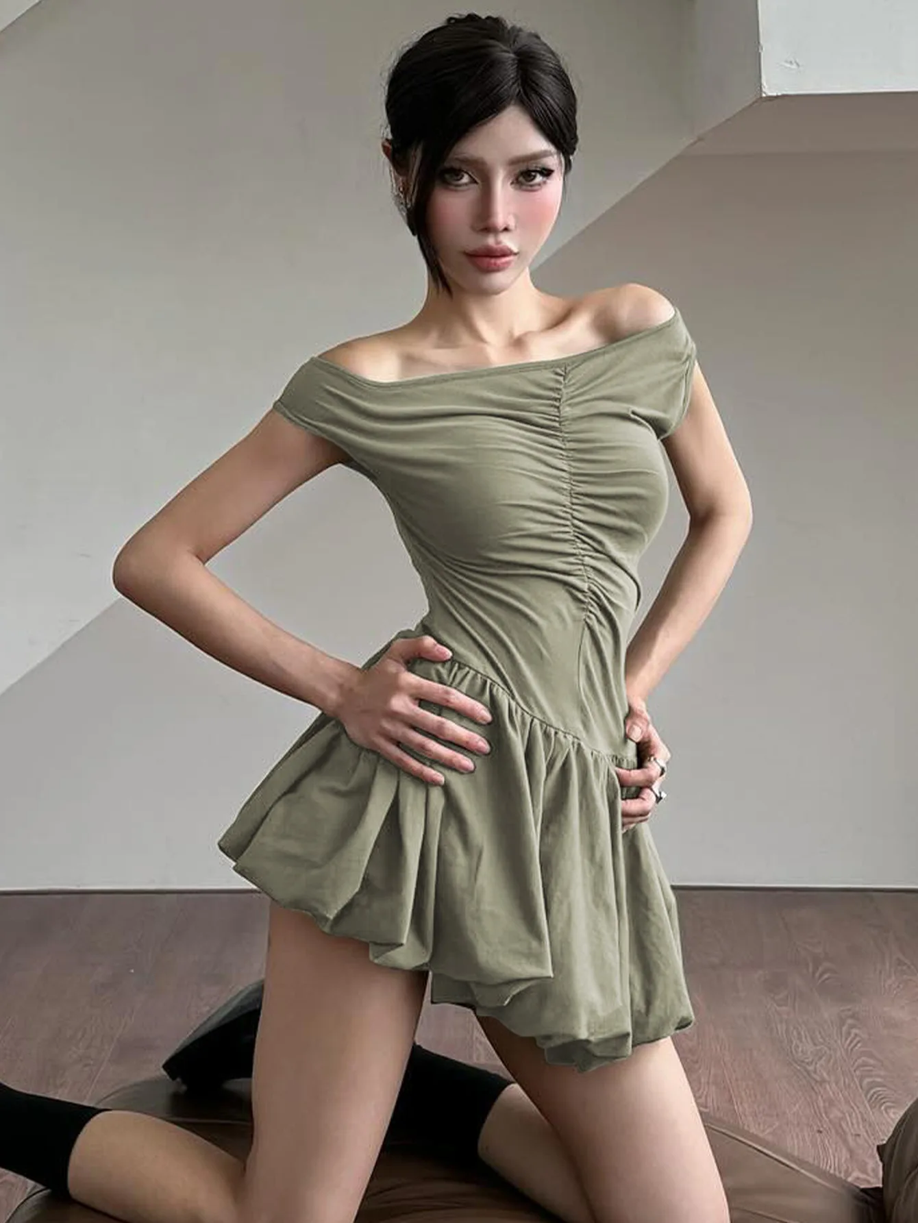 

Lygens Off The Shoudler Asymmetrical Ruched Sleeveless Ruffles short Ball Bubble Dress Summer Y2K Streetwear Casual Clothing