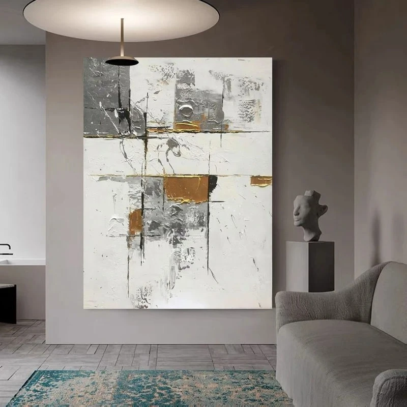 100% Hand White Gray Texture Wall Art Picture, Modern Abstract Frameless Oil Painting on Canvas for Living Room Home Decortive