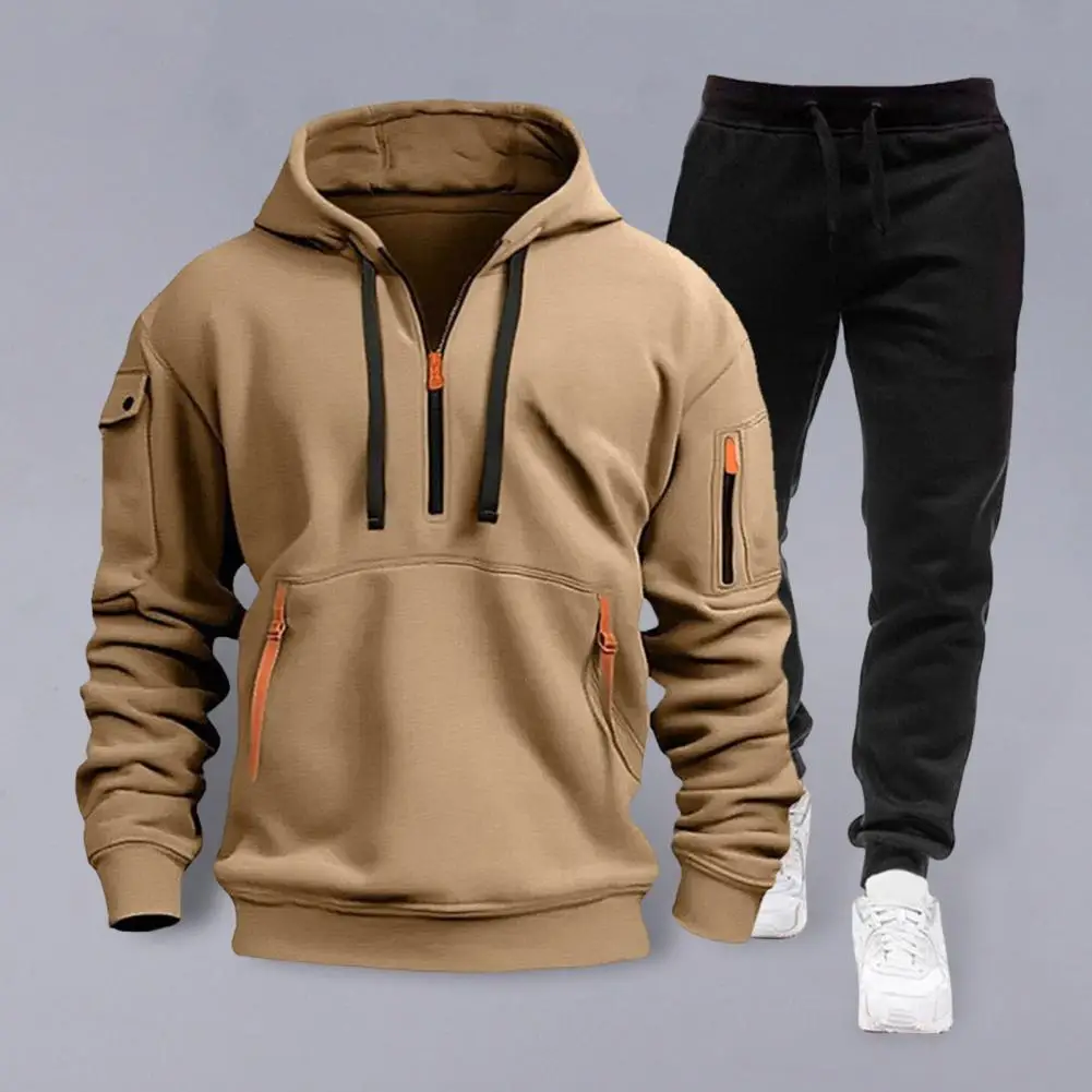 Men Sweatshirt Pants Set Men's Hooded Sweatshirt Elastic Waist Pants Set Fashionable Baggy Tracksuit With Long Sleeve For Men