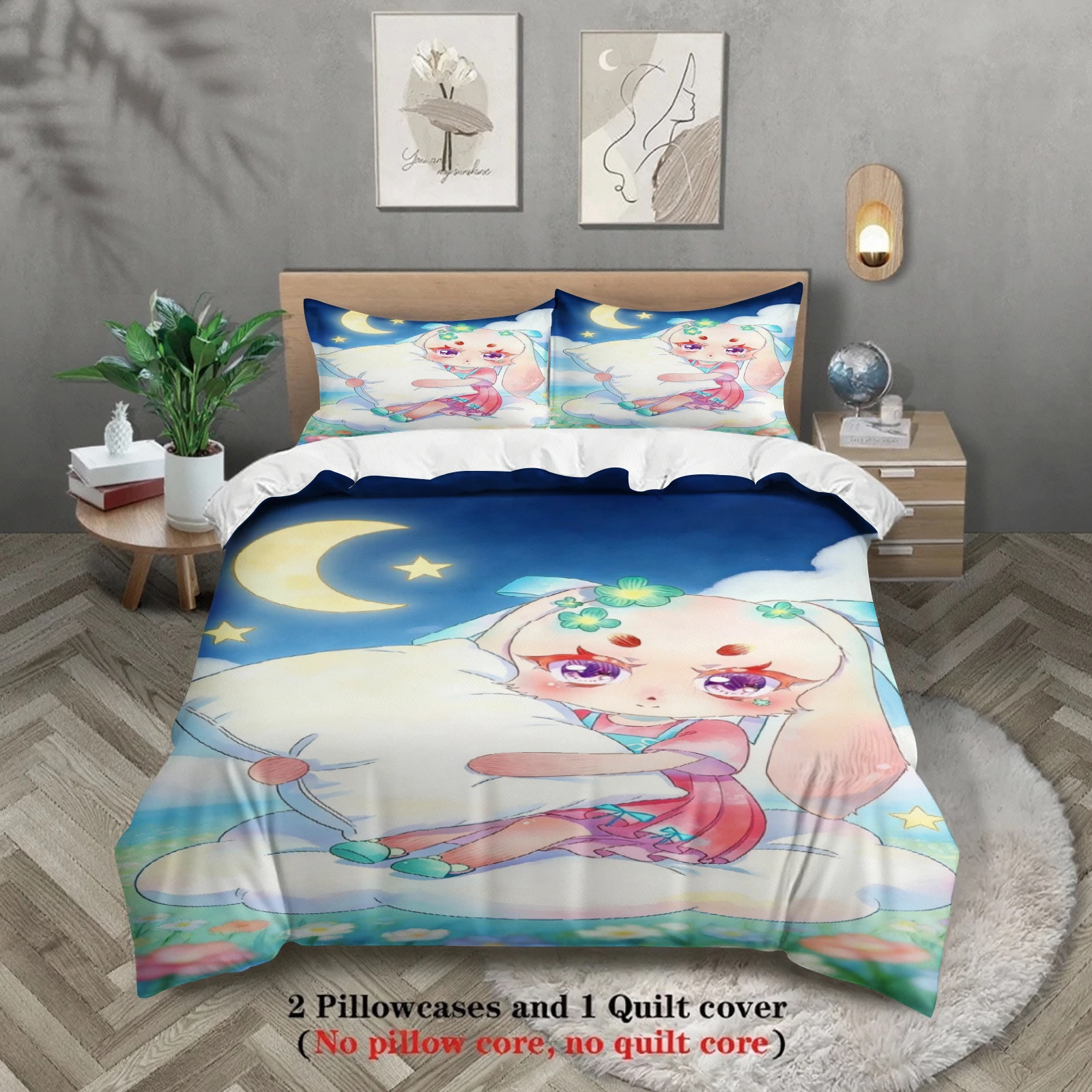 Softville Cozy Town 3PCS Bedding Sets Lop Rabbit Starry Night Sky With Moon Pint Duvet Cover No filling Cartoon Style Queen Size