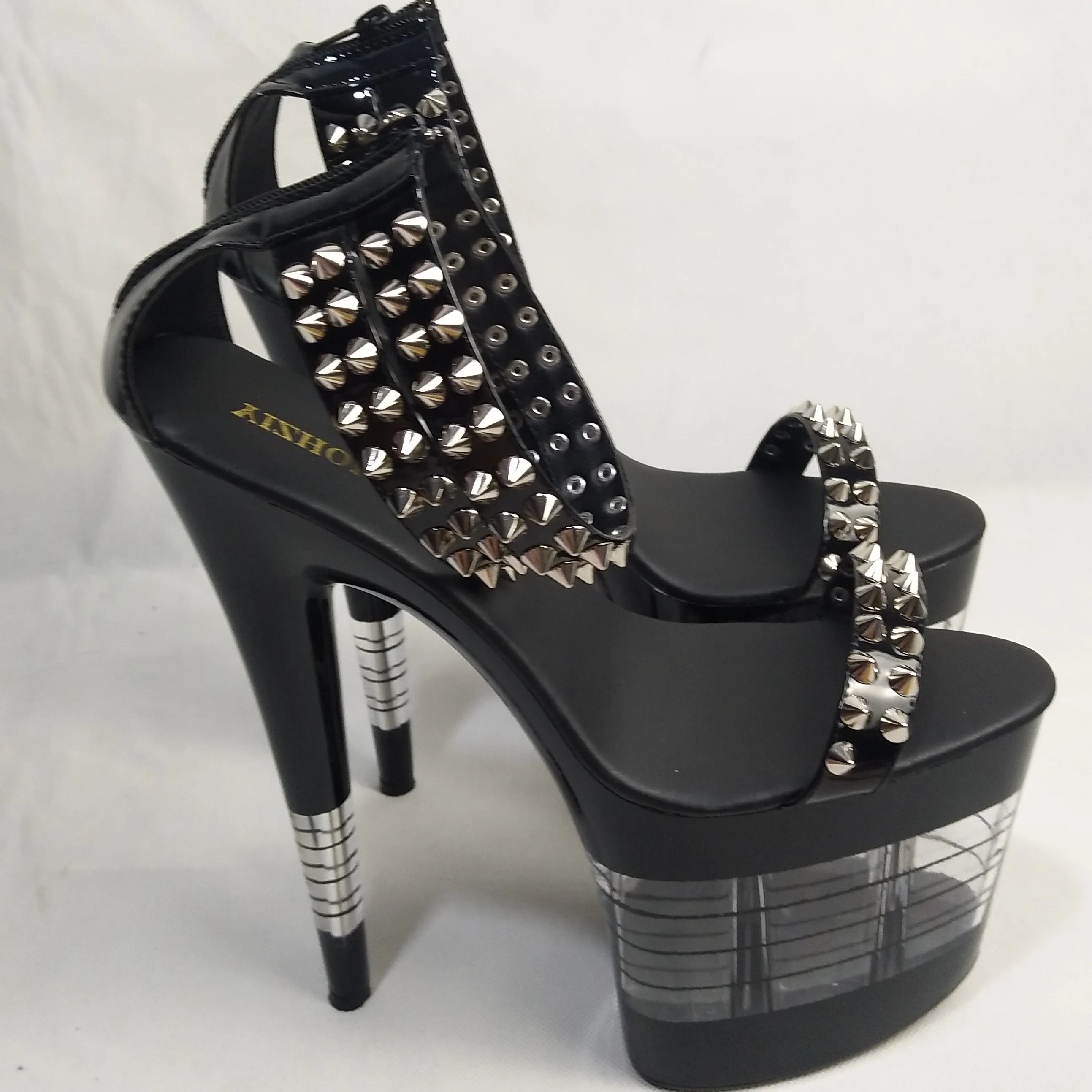 

8-inch 20cm, black lacquered chic wedding heels, riveted sandals striped platform dance shoes