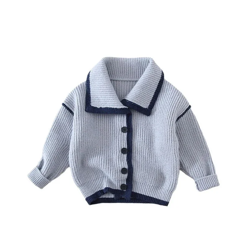 Autumn Sailor Baby Coat Cute Navy Large Lapel Knitted Cardigan Single Breasted Infant Boys Solid Cotton Toddler Sweater Winter