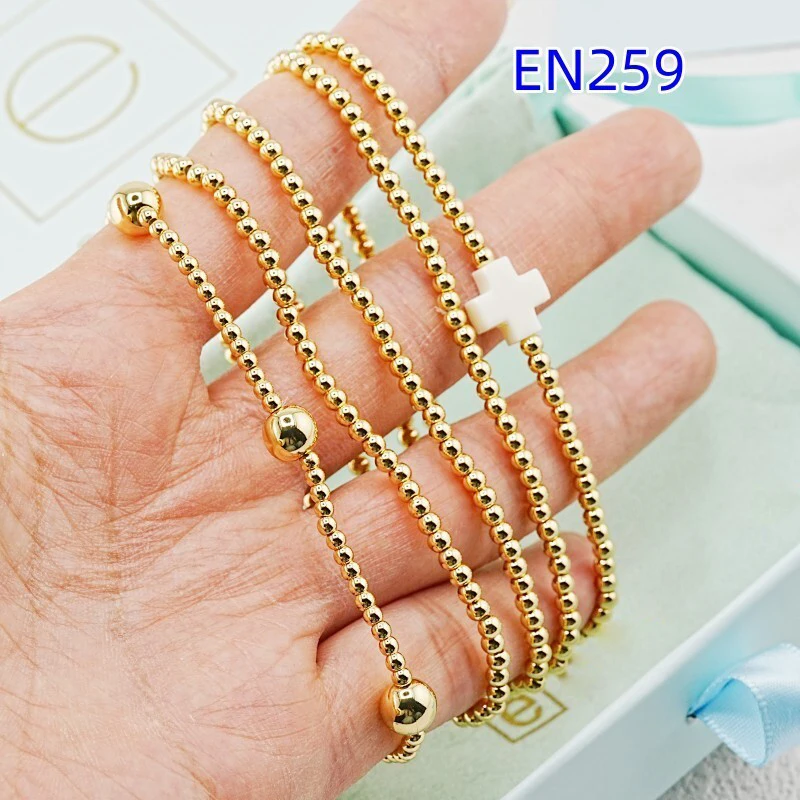 

VKVVA Fashion Jewelry 5pcs Gold-plated Metal Beaded Bracelet Set for Women, White Cross Charm Stretch Stackable Bracelets