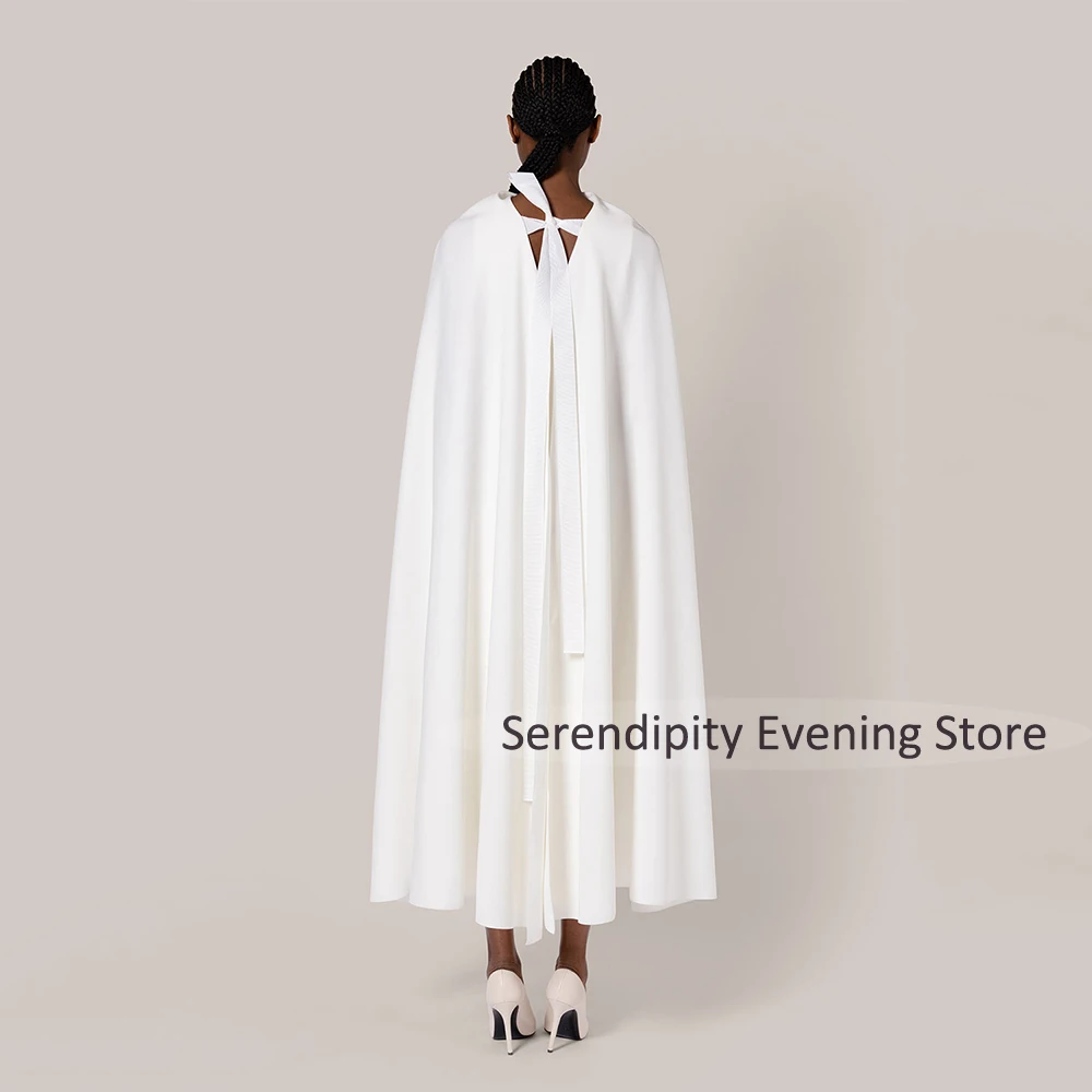 Column Formal Party Dress With Cape Tea Length Modern Women's Cocktail Gowns Midi Sleeveless Backless Short Cocktail Dresses