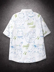 Oversized Loose Short Sleeve Shirt Men Cartoon Cat Print Hiphop Casual Shirts for Summer Beach Hawaiian Clothing