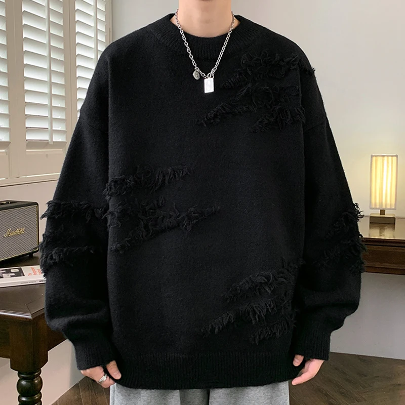 2023 Autumn Y2k Streetwear Men New Retro Ripped Tassel Sweater Loose Hip Hop Style All-match Sweater Men\'s Long-sleeved Pullover