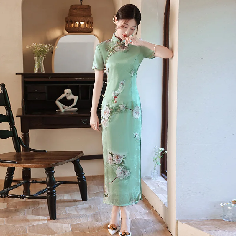 Yourqipao Summer 2023 Double-layer Eight-button Short-sleeved Long Cheongsam Catwalk Retro Chinese Style Qipao Dress for Women