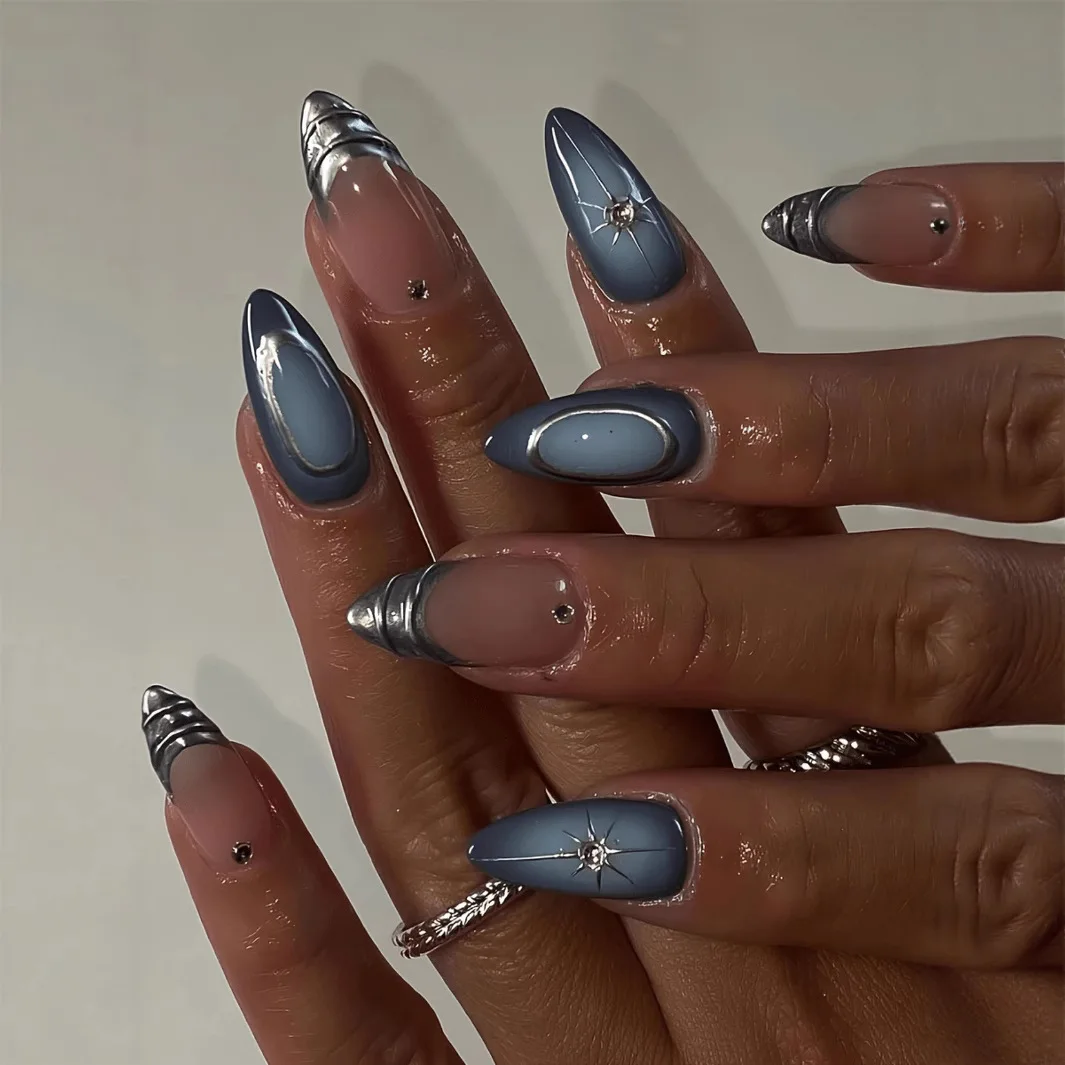 24 قطعة من ضغط اللوز الفرنسي على الأظافر، أظافر صناعية زرقاء، نمط نجمة يمكن ارتداؤها، أظافر لاصقة، أظافر زائفة، أظافر صناعية