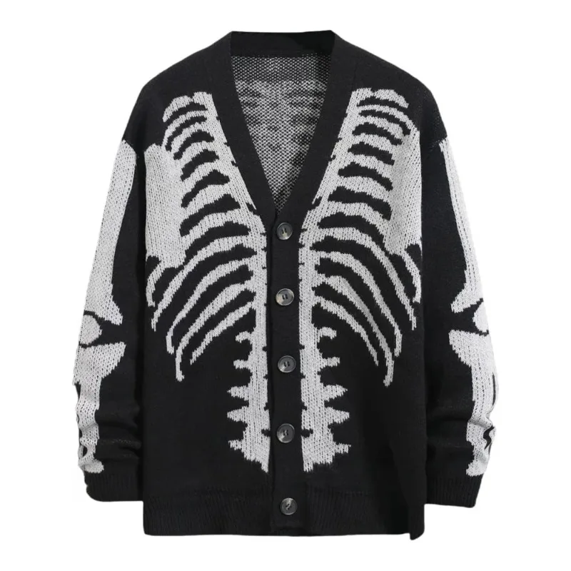 

Men's Skeleton Pattern Cardigan Sweaters, Gothic Long Sleeve Unisex Outwear Knitted Coats