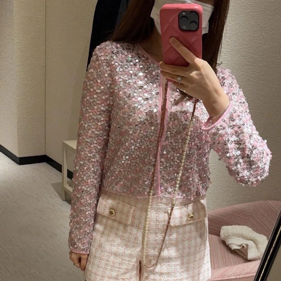 2024 New Autumn Fashion Short Design Coat O-neck Long Sleeve Single Breasted Pink Luxury Sequins Embroidery Mesh Jacket