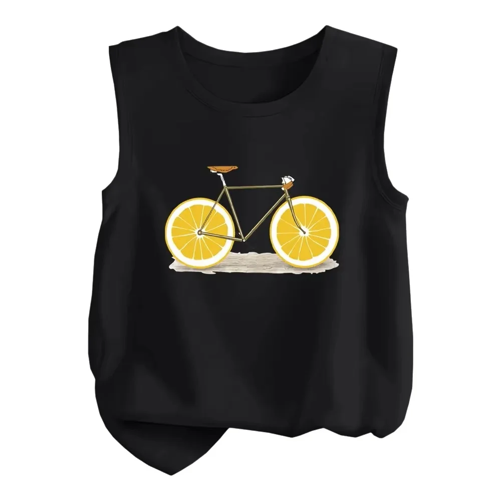 Lässiges ärmelloses Unisex-T-Shirt für Kinder – süßes Tanktop mit Zitronen-Fahrrad-Aufdruck, Sommer-Cartoon-Singlet für Mädchen, NMDC1