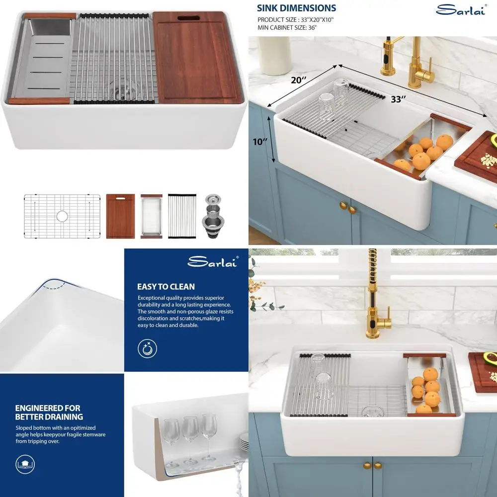 

33 x 20 White Farmhouse Ceramic Porcelain Kitchen Sink with Ledge Workstation