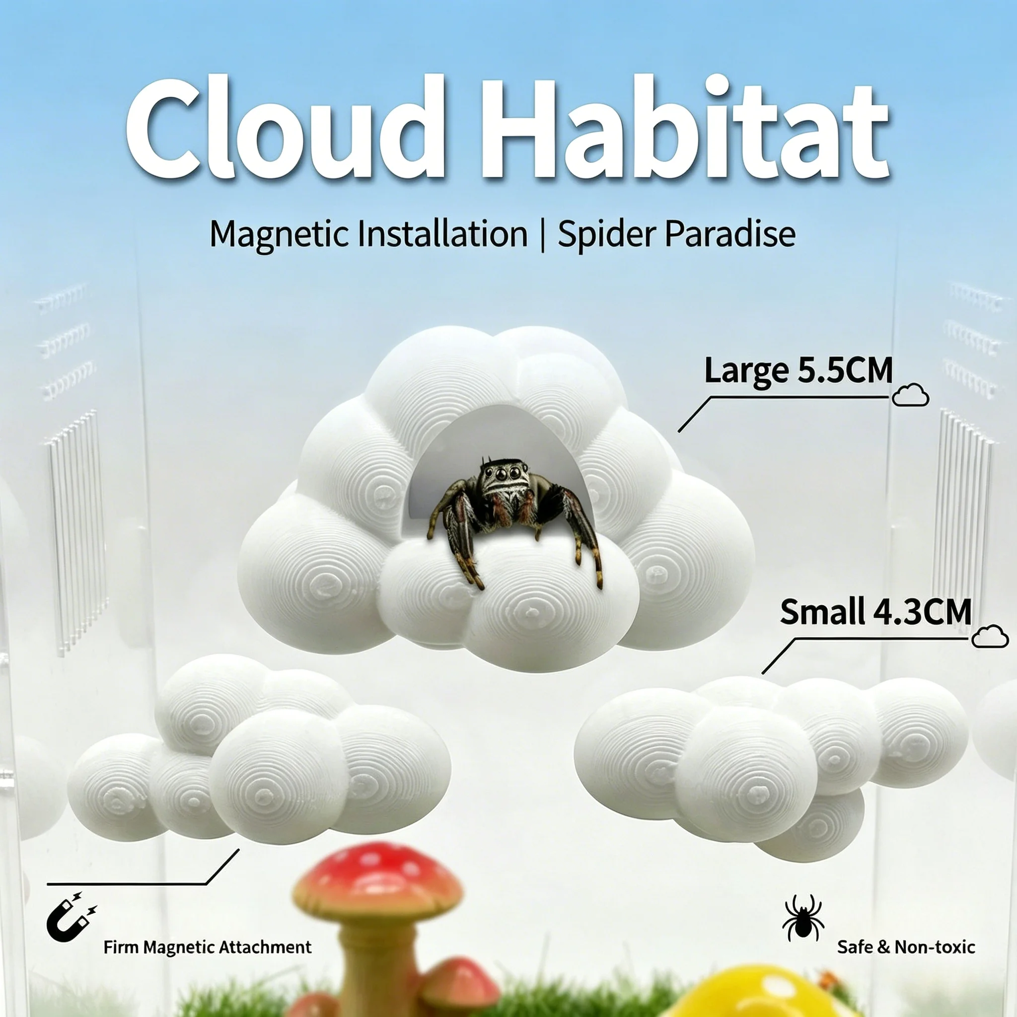 Magnetic Cloud Hideout for Jumping Spiders, 3D Printed Terrarium Perch Decor with External Magnet Backing