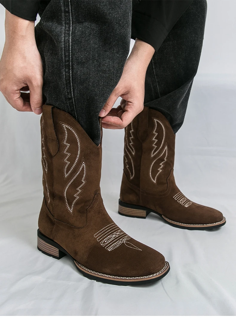 Neue Western Herren Cowboy Stiefel Vintage Mid-kalb Motorrad Stiefel Mode Wildleder Leder herren Stiefel Outdoor Casual Reitstiefel – Detail 12
