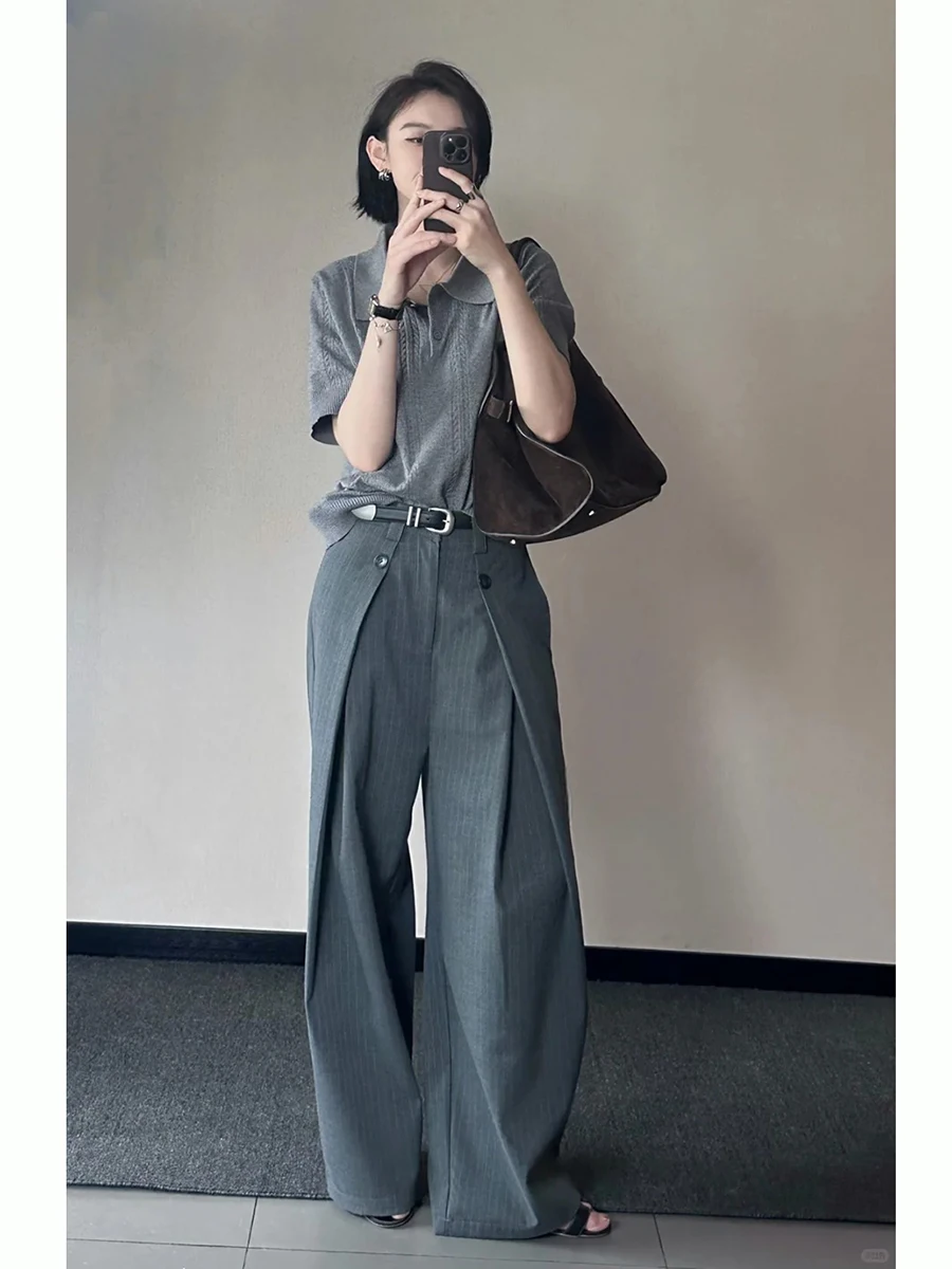 ReddaChic Casual Wide Leg Pants High Waist Gray Striped Pleated Long Oversized Draped Trousers Women Autumn Office Work Wear