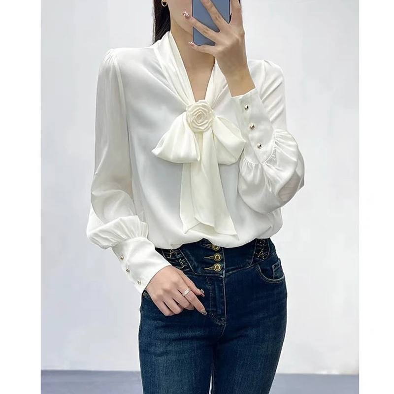 Women Flower Bow Tie Elegant Blouse Fashion White Business Casual Office Lady Shirts Long Sleeve Loose Chic Chiffon Tops Blusas