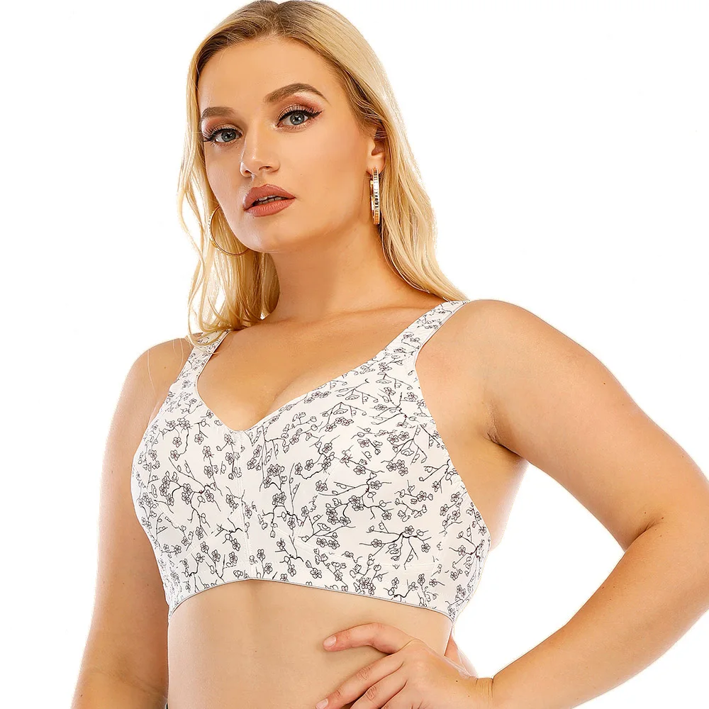 Wire Free Bra Plus Size Bras Full Coverage Bra Woman Floral Breathable Comfortable White Bras A B C D E F 34-48