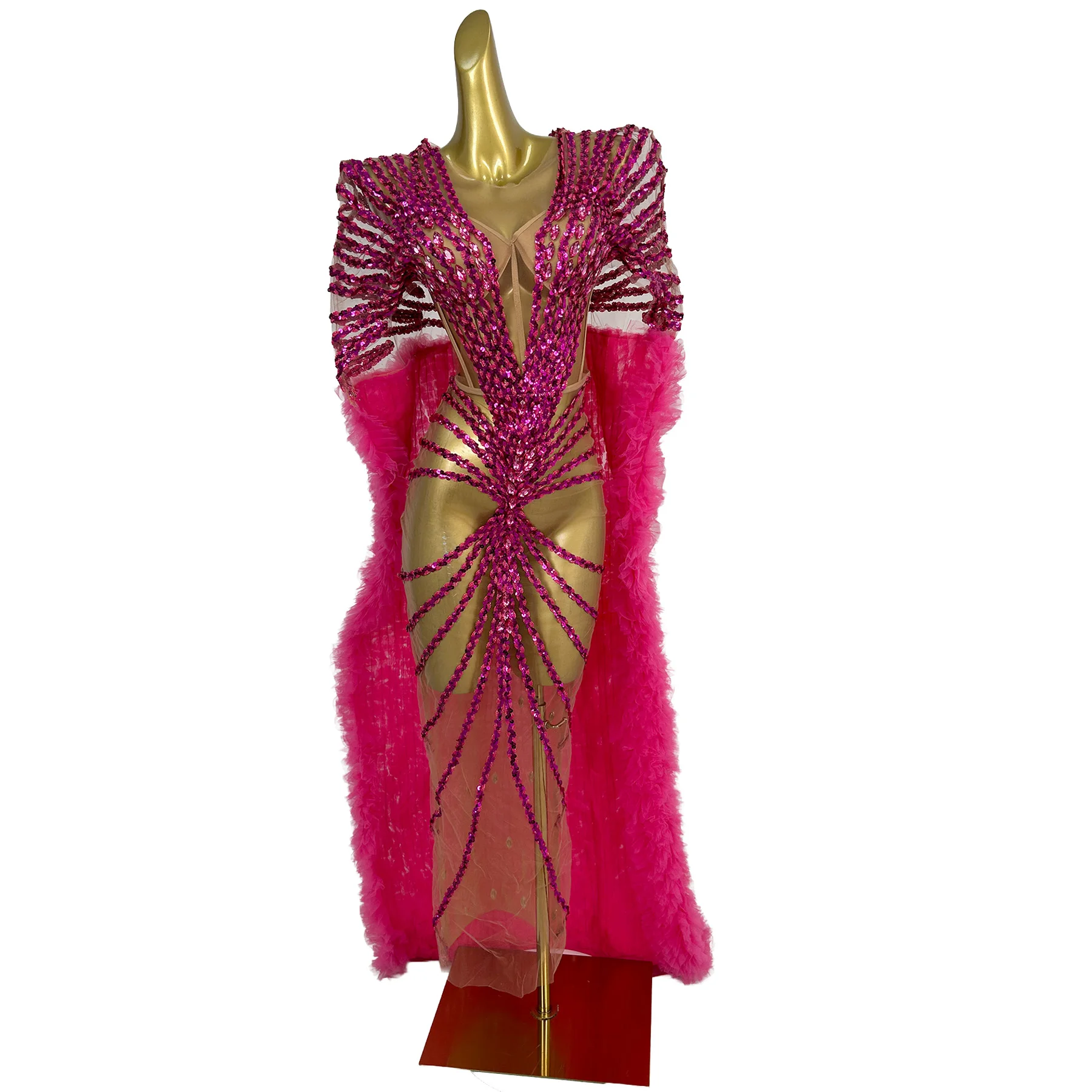 

Lizhua Women Luxury Hot Pink Sequin Feather Sheer Mesh Maxi Dress Puff Sleeve V Neck Bodycon Birthday Evening Party Gown