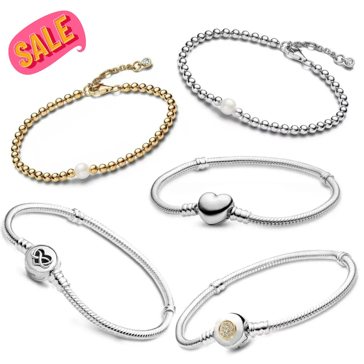 Klassisches Zirkon-Herz-Armband mit Schlangenkette aus S925 Reinsilber mit runden Perlen für Frauen, DIY-Schmuck, besonderes Geburtstagsgeschenk – Detail 1