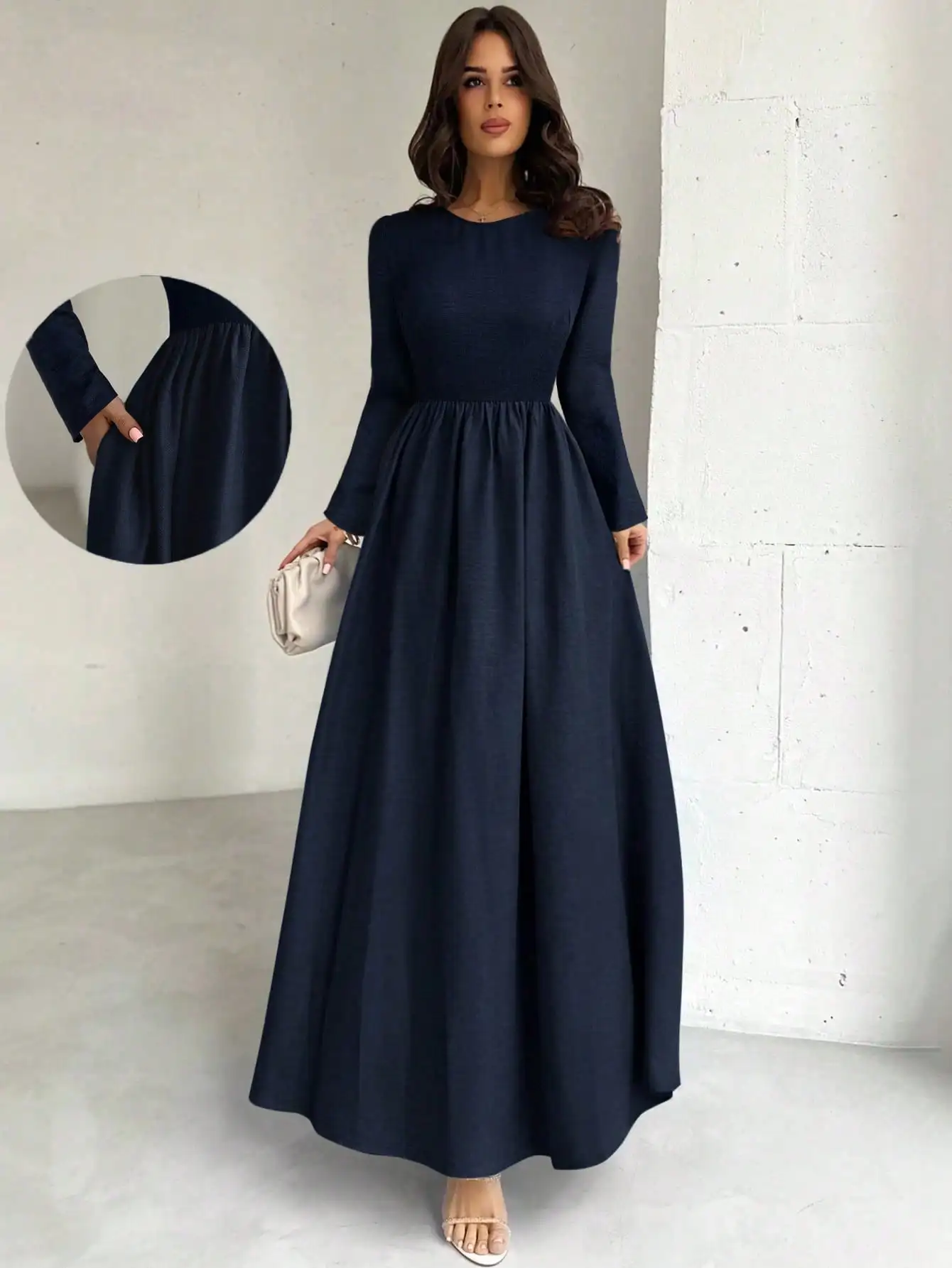 خريف جديد النمط الفرنسي فستان طويل الأكمام الخصر cinched ألف خط تنورة طويلة #1