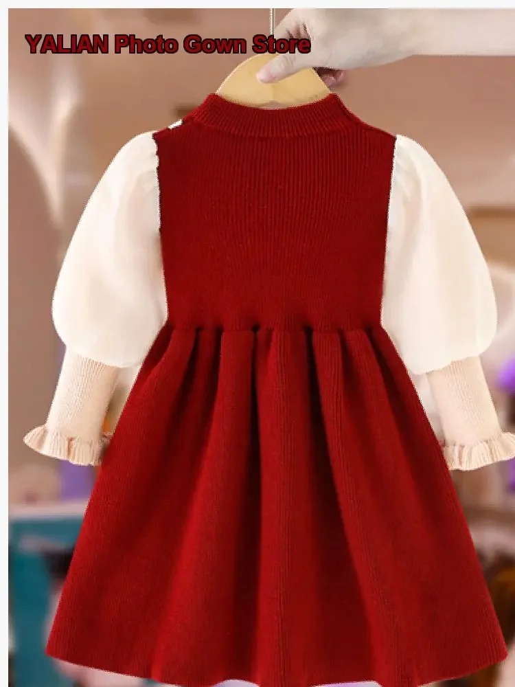 Girls Dress Kids Autumn Winter Christmas Princess Dress Polka Dot Hollow Out Elegant Thickened Warm Gown