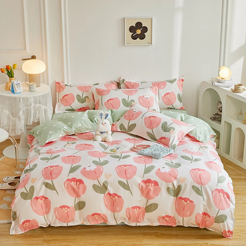 1PC Duvet Cover Beige Pink Tulip Light Green Dot Patchwork Skin-Friendly All-Season for Single Double Queen King Bed