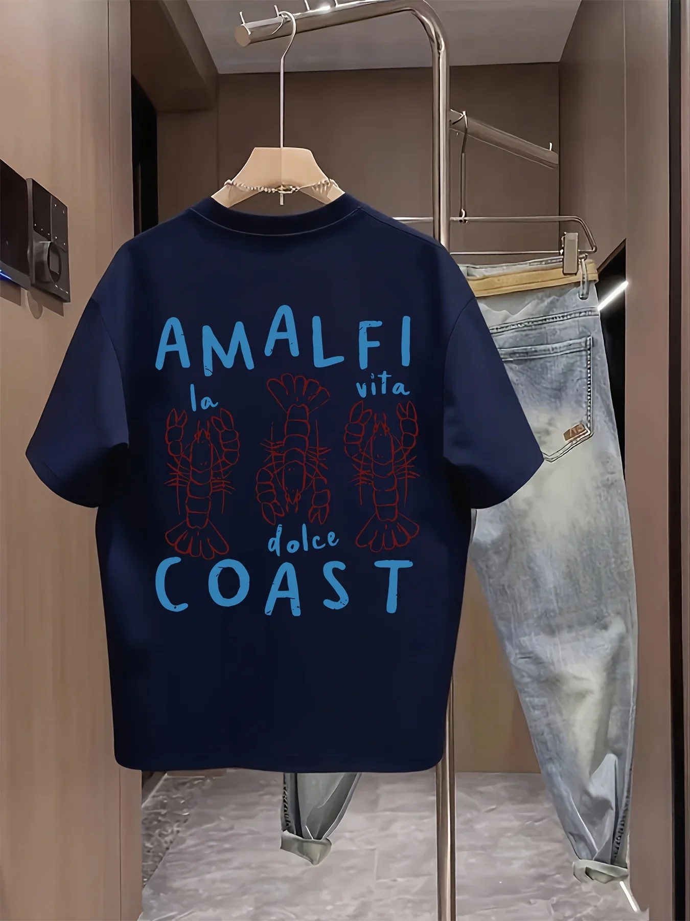Amalfi Coast Men's T-shirt Lobster Graphic Casual Cotton Short Sleeve Tops Summer Streetwear view 2
