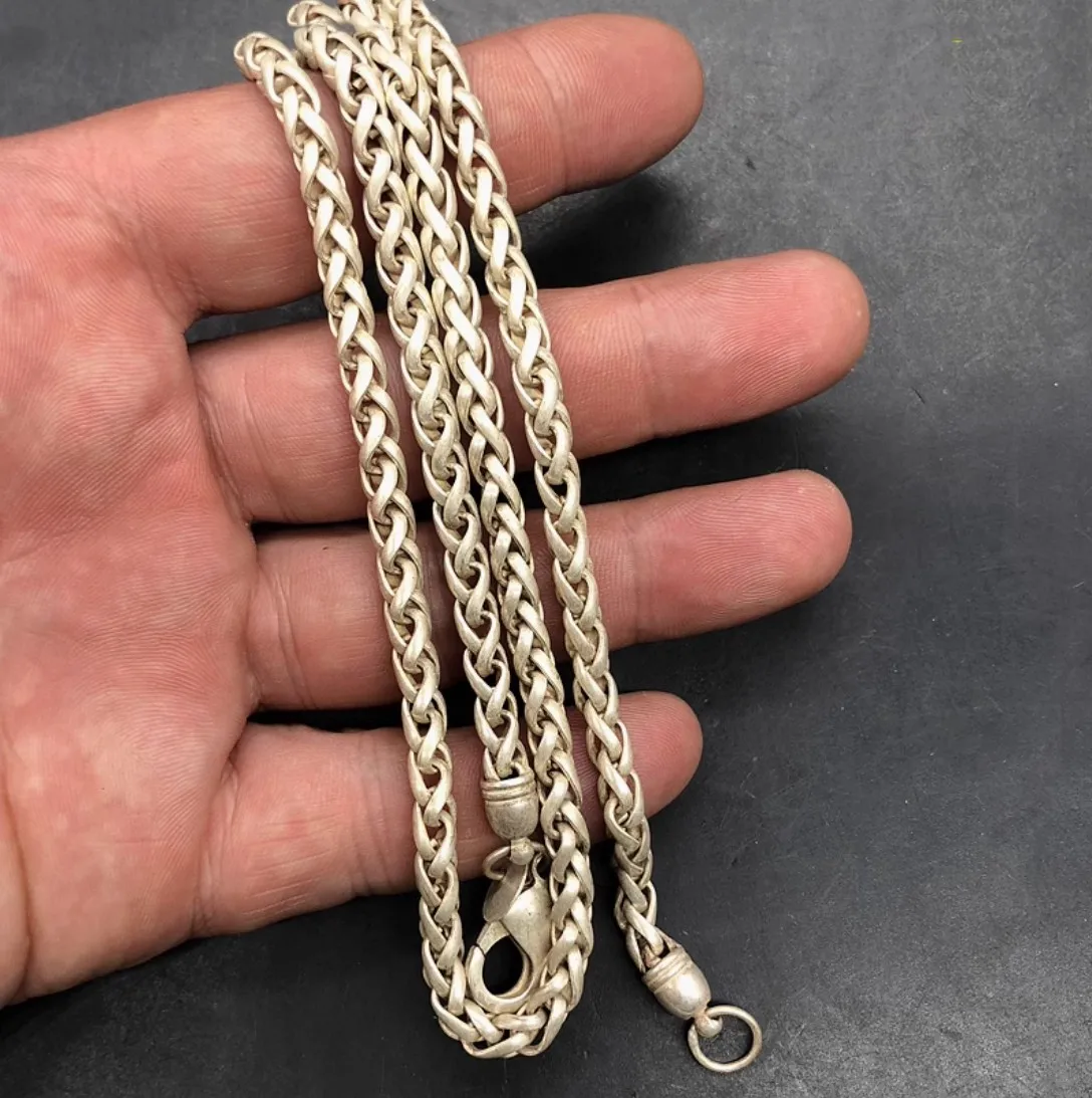 21.8inch Exquisite Old Chinese Tibet Silver Handmade Weave Necklace Crafts
