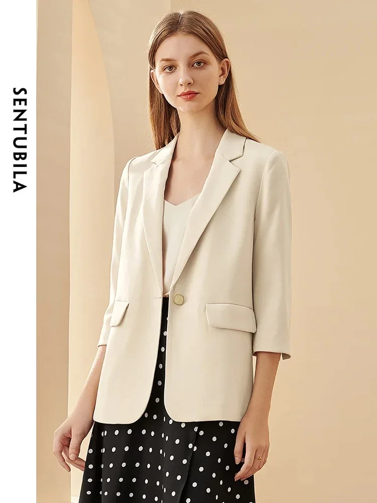 SENTUBILA Office Lady Solid Blazer Professional Three Quarter Sleeve Straight Business Suit Jacket Blazer for Women 101X29035