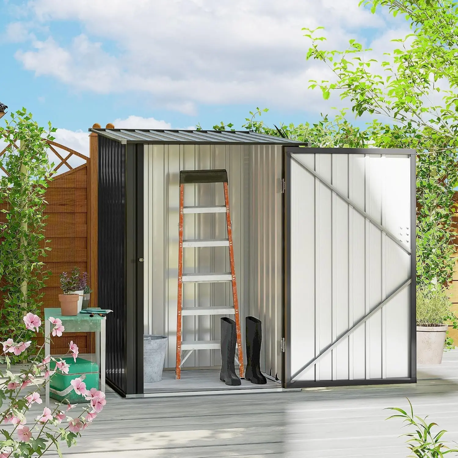 6x4ft Galvanized Steel Lean-to Garden Shed Dark Gray, Outdoor Storage Shed with Lockable Double Doors & Air Vents for Backyard Patio Tools Bike Storage