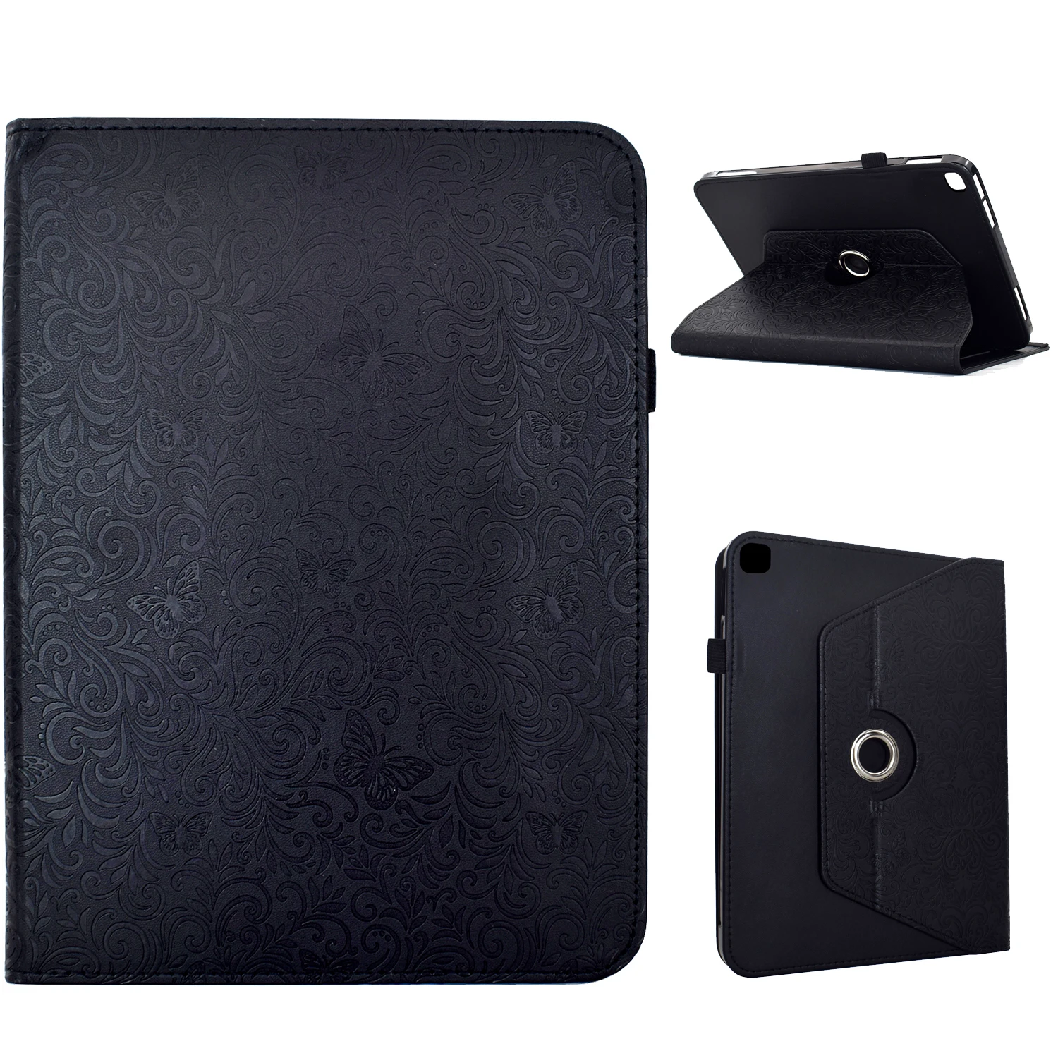 For iPad 10.2 (2021) / (2020) Case Butterfly Flower Imrpint Leather Tablet Cover with Rotary Stand Card Holder - Black